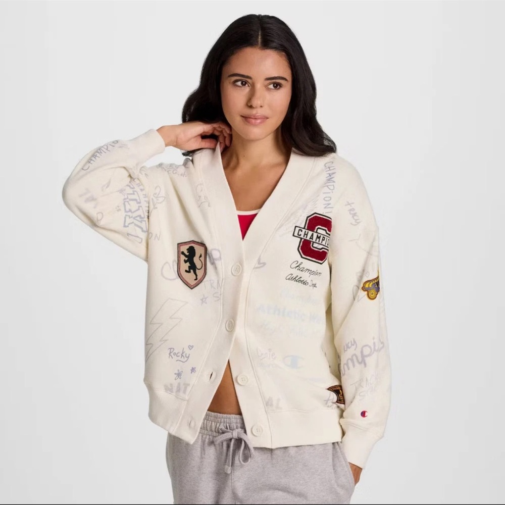 Champion Cream Varsity Cardigan Jacket with Embroidered Patches